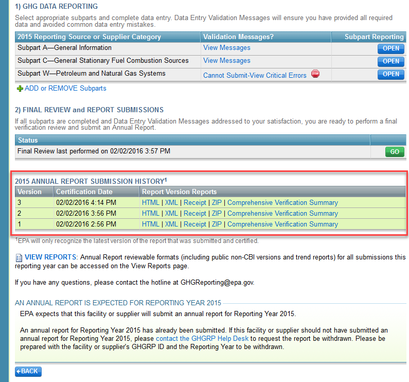 The Annual Report Submission History with an enclosed red box